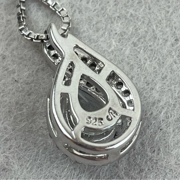 Aquamarine Teardrop Pendant Necklace White Topaz Sterling Silver 16” Chain - Picture 9 of 12